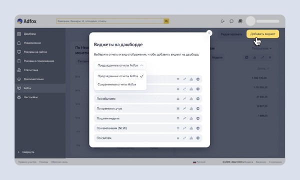 
            Adfox тестирует вкладку «Дашборд» с виджетами статистики на основе отчетов
        